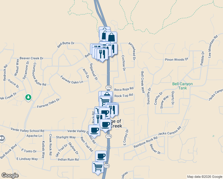map of restaurants, bars, coffee shops, grocery stores, and more near 165 Evening Glow Place in Sedona