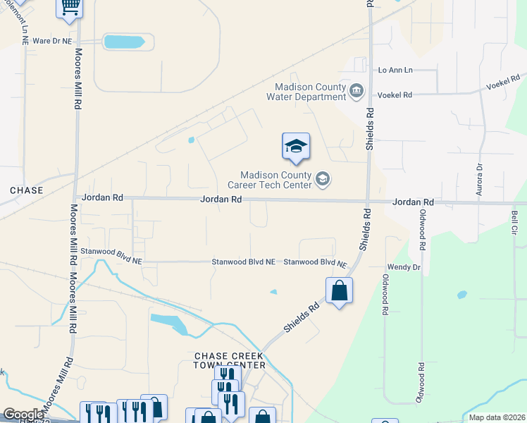 map of restaurants, bars, coffee shops, grocery stores, and more near 1176 Jordan Road in Huntsville