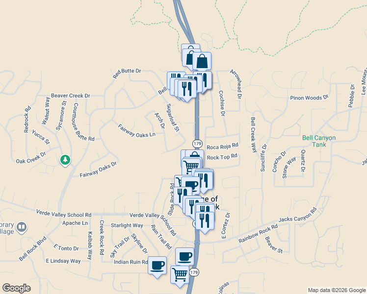 map of restaurants, bars, coffee shops, grocery stores, and more near 215 Sugarloaf Street in Sedona