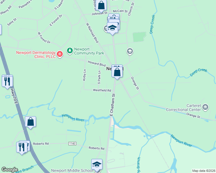 map of restaurants, bars, coffee shops, grocery stores, and more near 134 Chatham Street in Newport