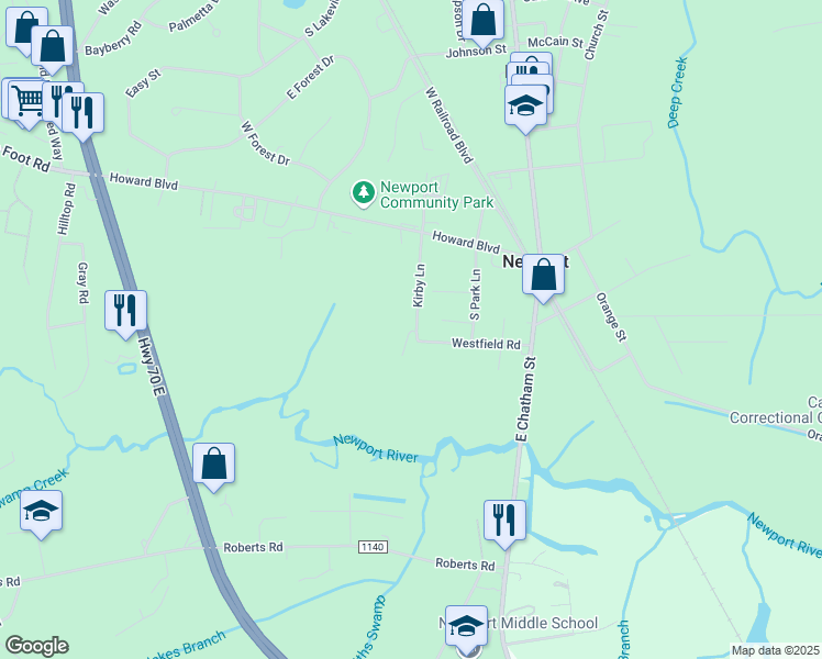 map of restaurants, bars, coffee shops, grocery stores, and more near 160 Kirby Lane in Newport