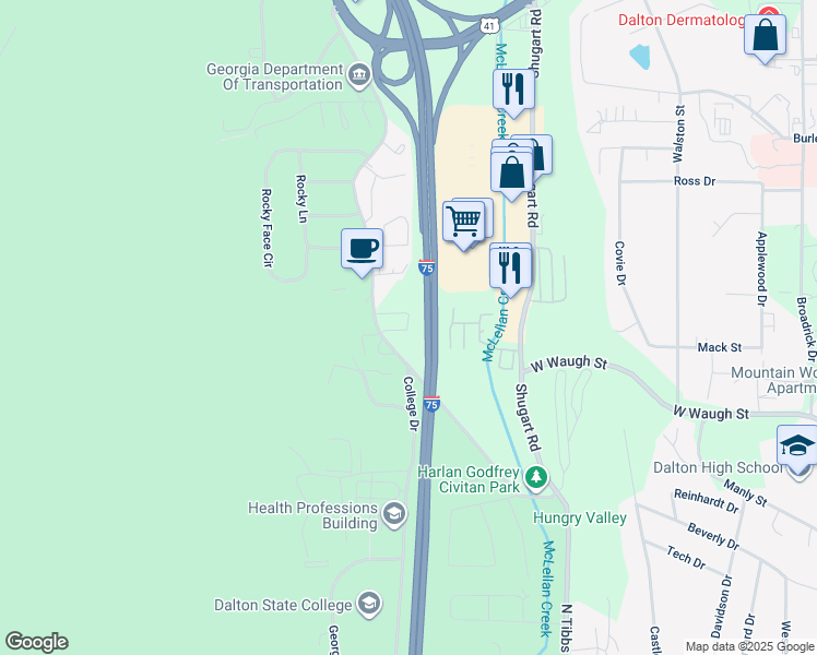 map of restaurants, bars, coffee shops, grocery stores, and more near 2125 Arbordale Place in Dalton