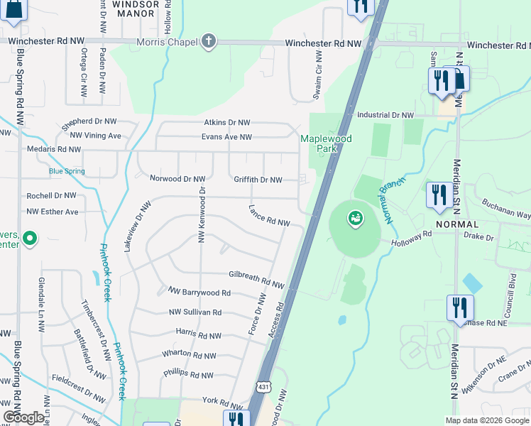 map of restaurants, bars, coffee shops, grocery stores, and more near 2020 Lance Road Northwest in Huntsville