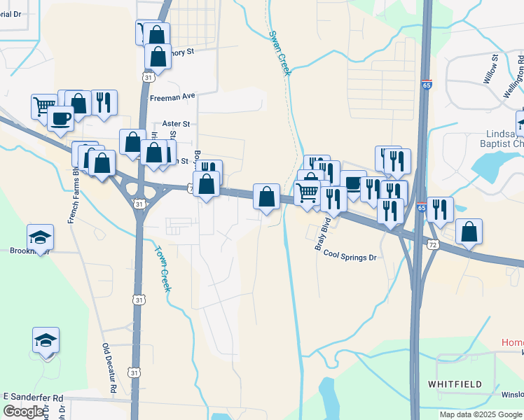 map of restaurants, bars, coffee shops, grocery stores, and more near 1124 U.S. 72 in Athens