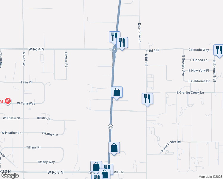 map of restaurants, bars, coffee shops, grocery stores, and more near 2700 State Route 89 in Chino Valley