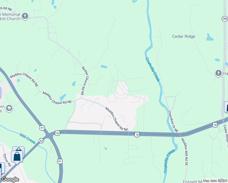 map of restaurants, bars, coffee shops, grocery stores, and more near 412 Coahulla Creek Drive in Dalton