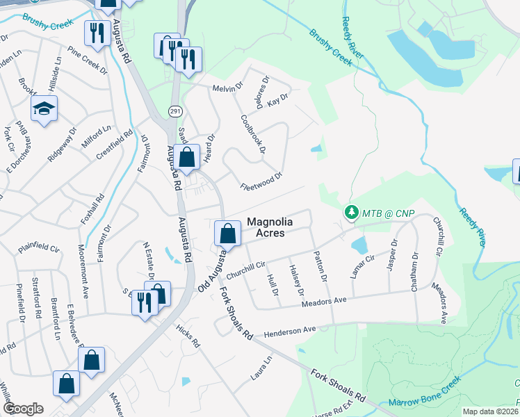map of restaurants, bars, coffee shops, grocery stores, and more near 14 Echols Drive in Greenville