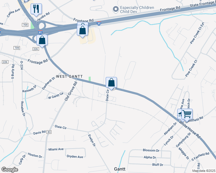 map of restaurants, bars, coffee shops, grocery stores, and more near White Horse Road & Dixie Circle in Greenville