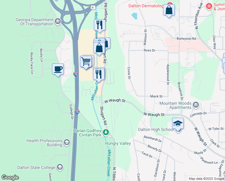 map of restaurants, bars, coffee shops, grocery stores, and more near 816a Cliffs in Dalton
