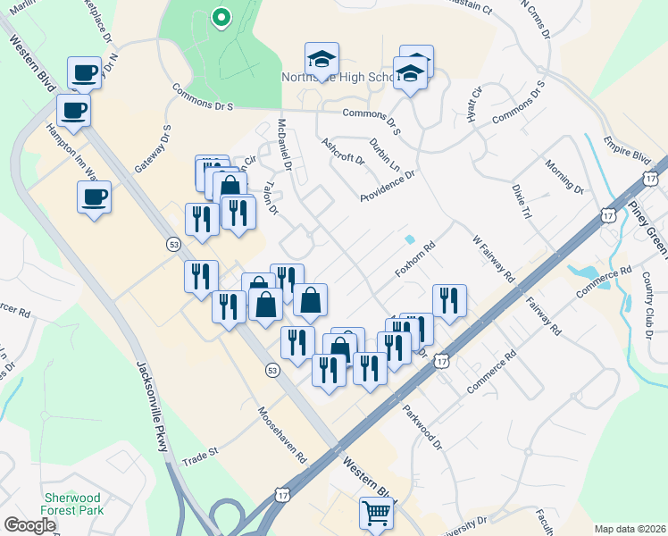 map of restaurants, bars, coffee shops, grocery stores, and more near 2050 Derby Run Road in Jacksonville