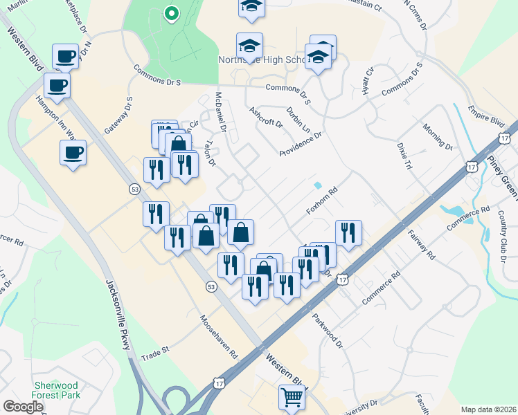 map of restaurants, bars, coffee shops, grocery stores, and more near 2042 Derby Run Road in Jacksonville