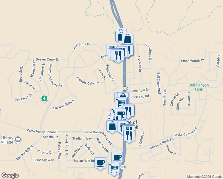 map of restaurants, bars, coffee shops, grocery stores, and more near 40 Chaparral Drive in Sedona