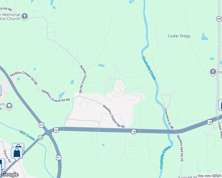 map of restaurants, bars, coffee shops, grocery stores, and more near 412 Coahulla Creek Drive in Dalton