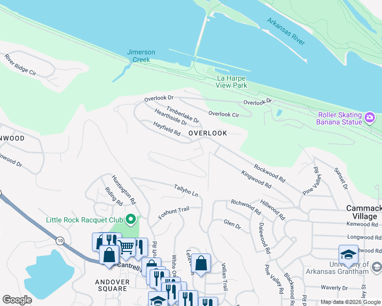 map of restaurants, bars, coffee shops, grocery stores, and more near 11 Overlook Drive in Little Rock