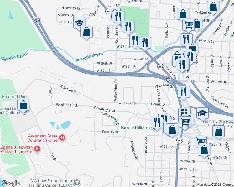 map of restaurants, bars, coffee shops, grocery stores, and more near 216 Martin Lane in North Little Rock