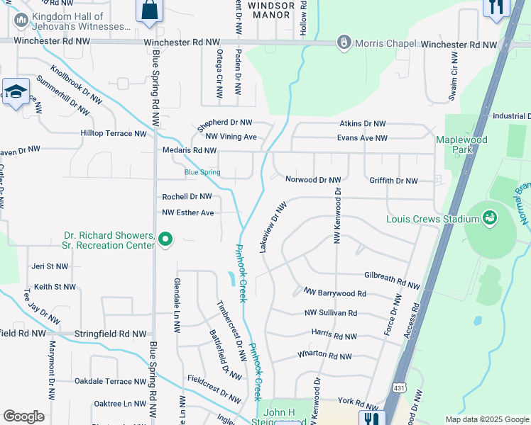 map of restaurants, bars, coffee shops, grocery stores, and more near 4305 Lakeview Drive Northwest in Huntsville
