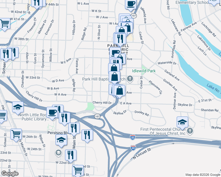 map of restaurants, bars, coffee shops, grocery stores, and more near 3221 North Cypress Street in North Little Rock