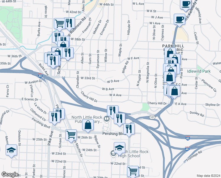 map of restaurants, bars, coffee shops, grocery stores, and more near 806 West D Avenue in North Little Rock