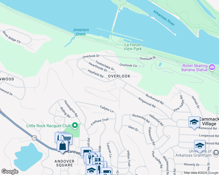 map of restaurants, bars, coffee shops, grocery stores, and more near 11 Overlook Drive in Little Rock