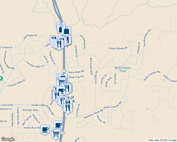 map of restaurants, bars, coffee shops, grocery stores, and more near 170 Roca Roja Road in Sedona