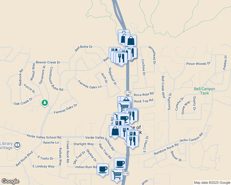 map of restaurants, bars, coffee shops, grocery stores, and more near 15 Manzanita Road in Sedona