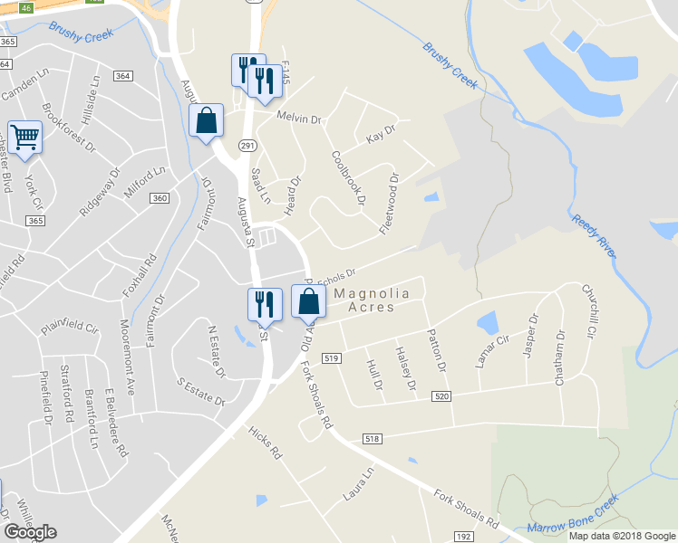 map of restaurants, bars, coffee shops, grocery stores, and more near 9 Echols Drive in Greenville