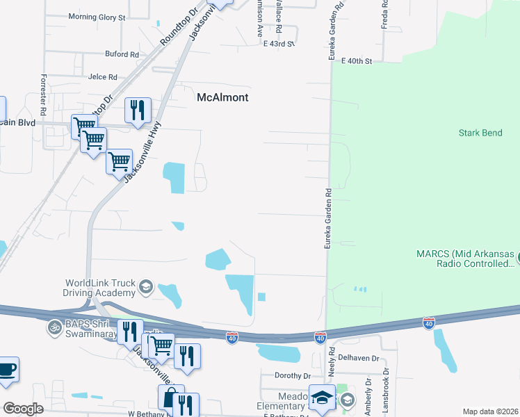 map of restaurants, bars, coffee shops, grocery stores, and more near 6203 Sidney Road in North Little Rock