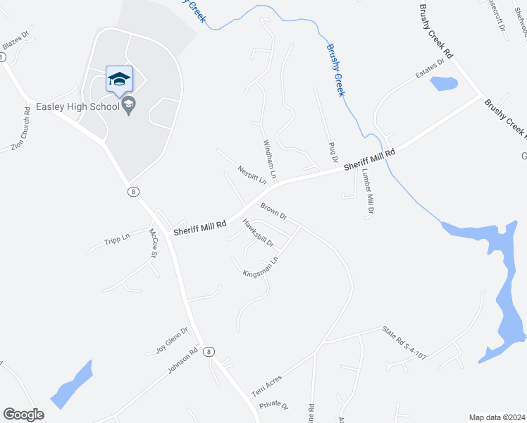 map of restaurants, bars, coffee shops, grocery stores, and more near 108 Brown Drive in Easley