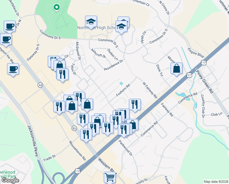 map of restaurants, bars, coffee shops, grocery stores, and more near 3014 Steeple Chase Court in Jacksonville
