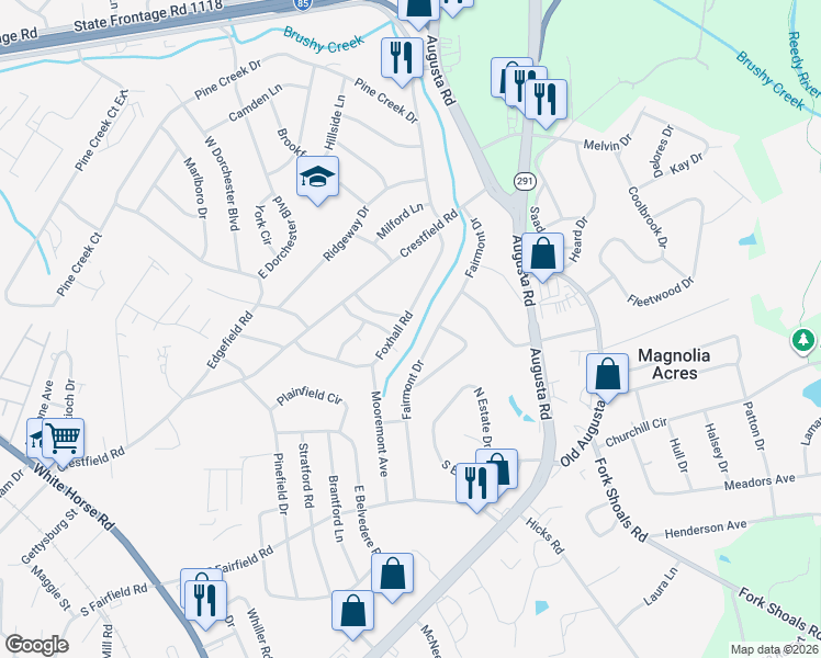 map of restaurants, bars, coffee shops, grocery stores, and more near 26 Foxhall Road in Greenville