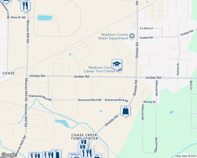 map of restaurants, bars, coffee shops, grocery stores, and more near 1176 Jordan Road in Huntsville