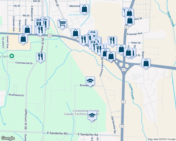 map of restaurants, bars, coffee shops, grocery stores, and more near 934 US Highway 72 East in Athens