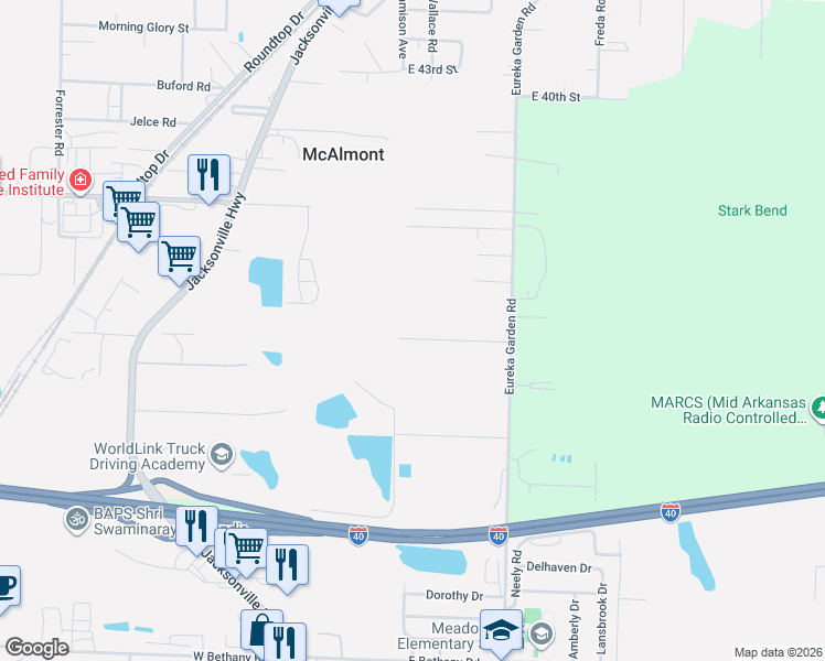 map of restaurants, bars, coffee shops, grocery stores, and more near 6203 Sydney Road in North Little Rock