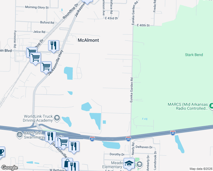 map of restaurants, bars, coffee shops, grocery stores, and more near 6203 Sydney Road in North Little Rock