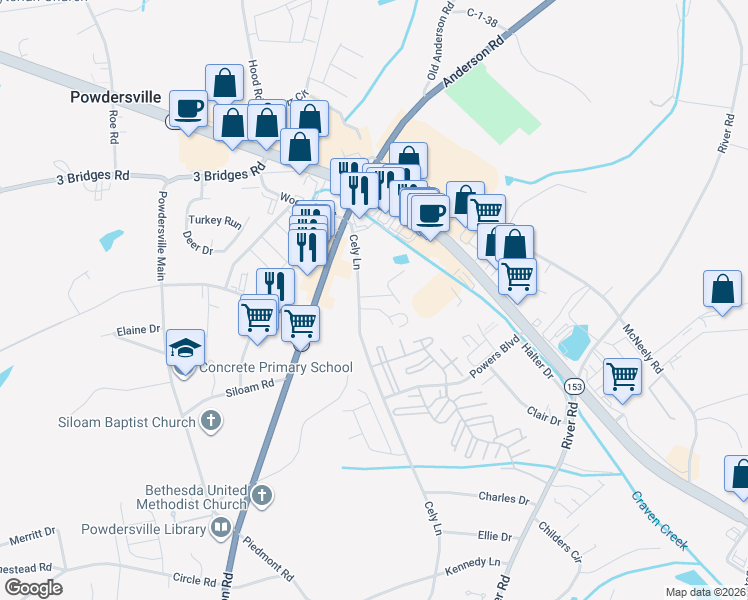 map of restaurants, bars, coffee shops, grocery stores, and more near 115 Cely Lane in Piedmont