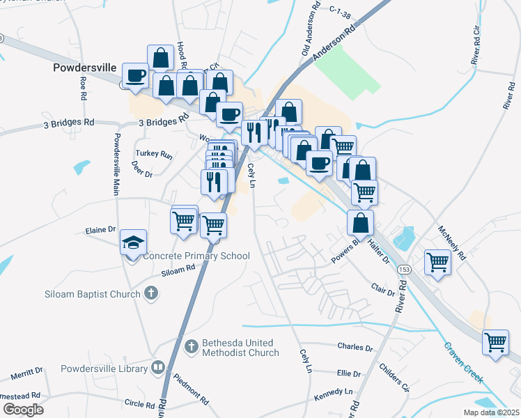 map of restaurants, bars, coffee shops, grocery stores, and more near 115 Cely Lane in Piedmont