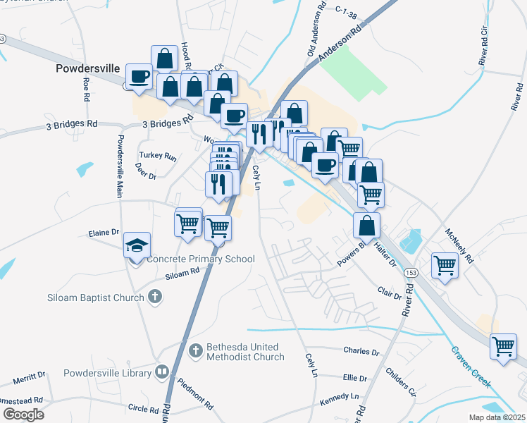 map of restaurants, bars, coffee shops, grocery stores, and more near 115 Cely Lane in Piedmont