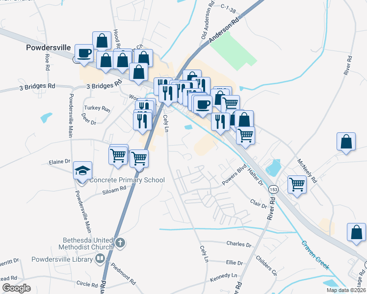 map of restaurants, bars, coffee shops, grocery stores, and more near 202 Cely Lane in Piedmont