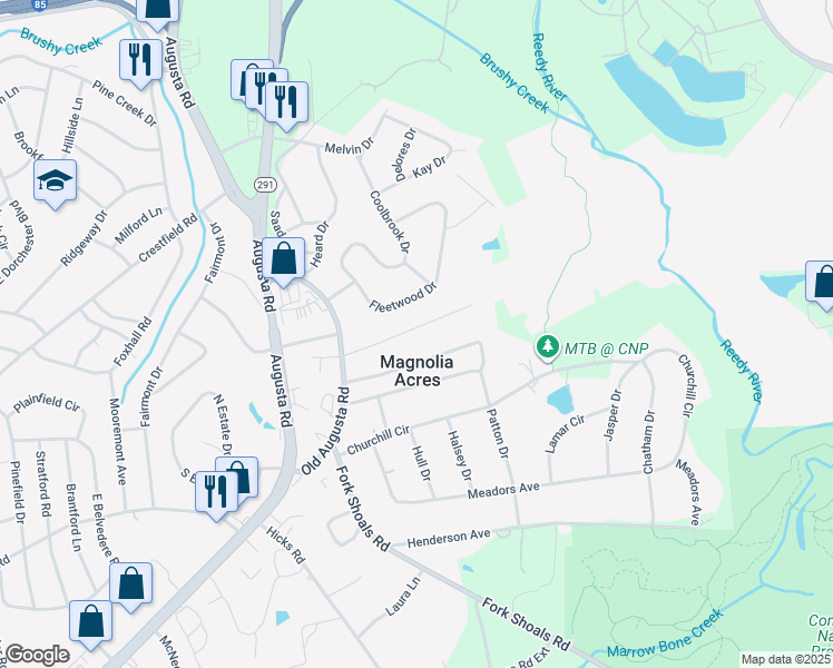 map of restaurants, bars, coffee shops, grocery stores, and more near 18 Echols Drive in Greenville