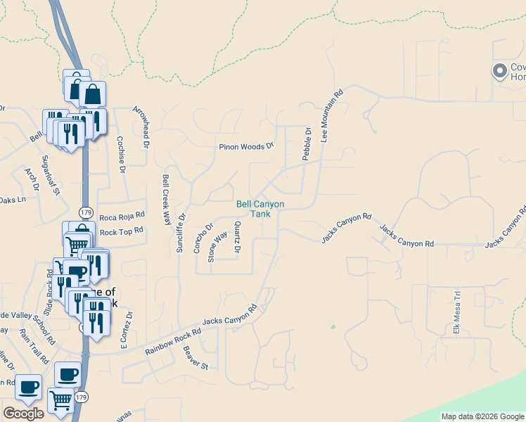 map of restaurants, bars, coffee shops, grocery stores, and more near 20 Pioneer Drive in Sedona