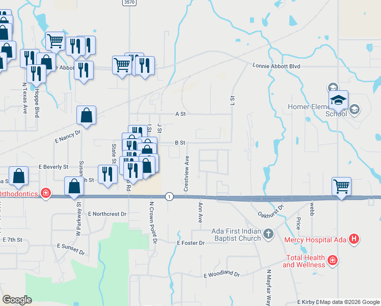 map of restaurants, bars, coffee shops, grocery stores, and more near 2116 East Bent Tree Drive in Ada