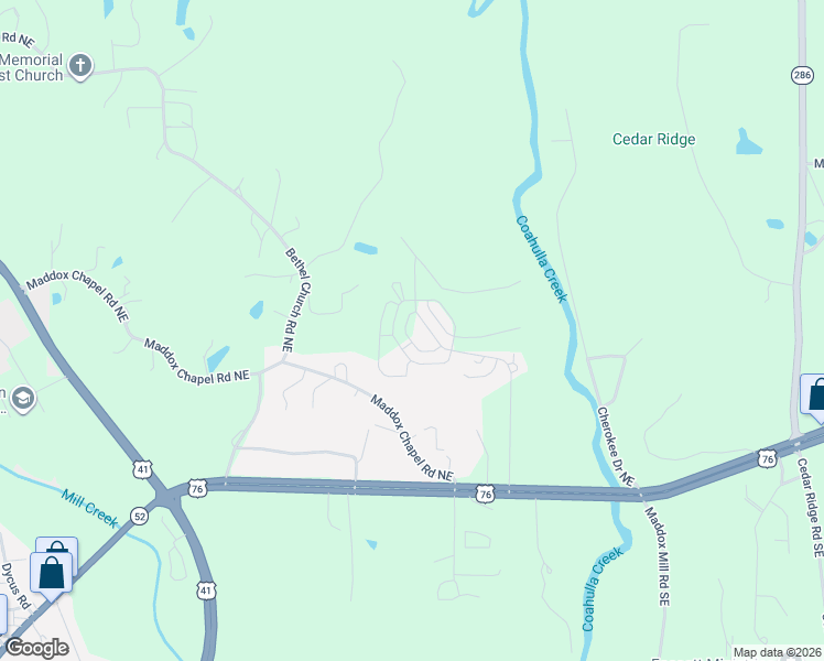 map of restaurants, bars, coffee shops, grocery stores, and more near 412 Coahulla Creek Drive in Dalton