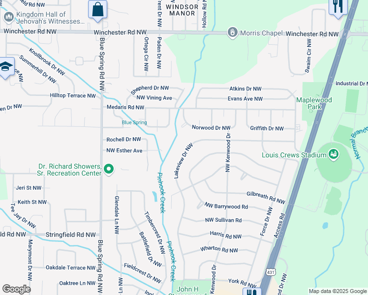 map of restaurants, bars, coffee shops, grocery stores, and more near 4305 Lakeview Drive Northwest in Huntsville