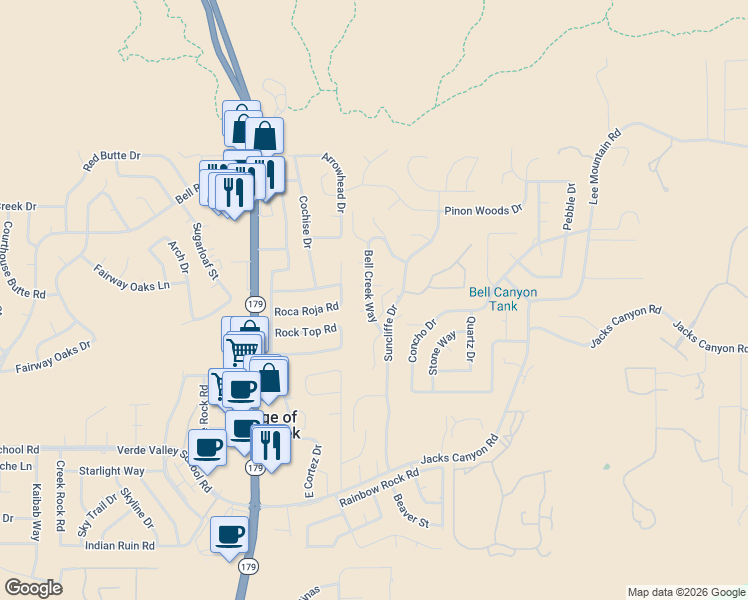 map of restaurants, bars, coffee shops, grocery stores, and more near 80 Bell Creek Way in Sedona