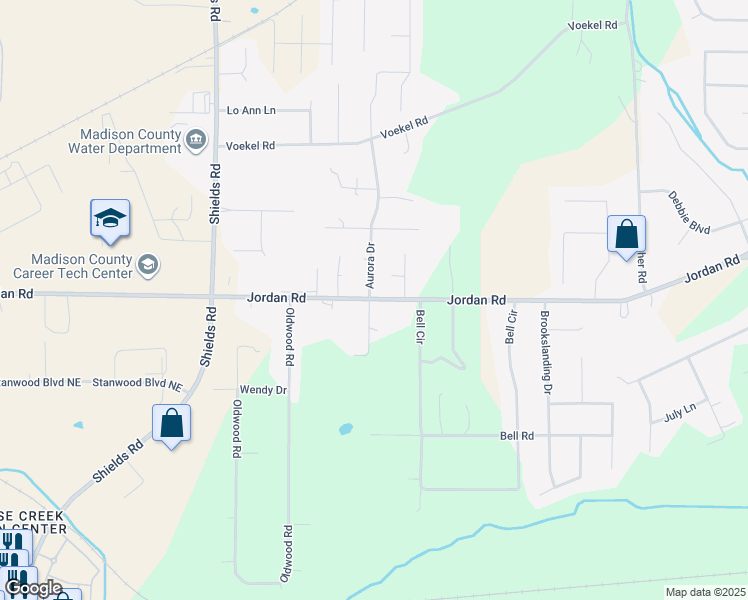 map of restaurants, bars, coffee shops, grocery stores, and more near 1531 Jordan Road in Huntsville