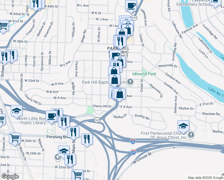 map of restaurants, bars, coffee shops, grocery stores, and more near 3221 North Cypress Street in North Little Rock