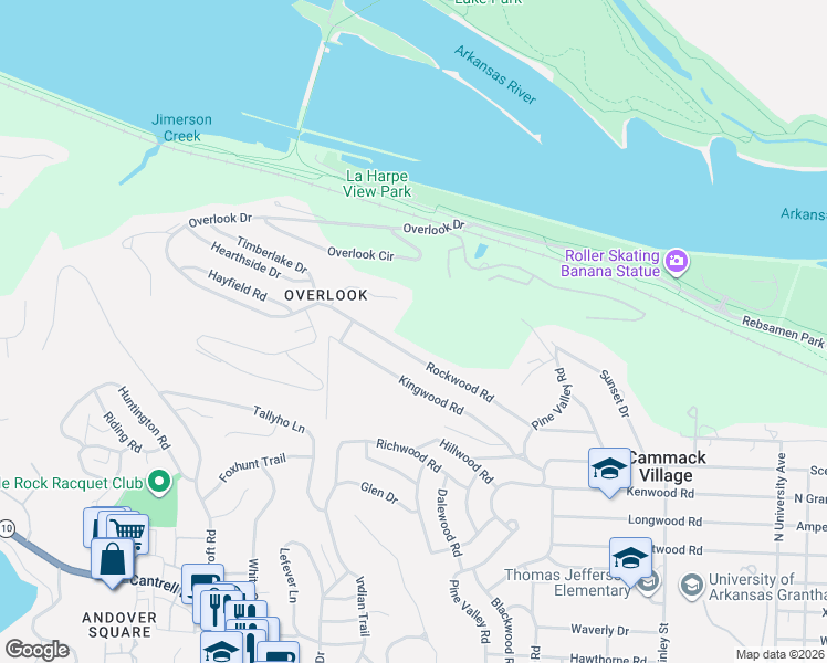 map of restaurants, bars, coffee shops, grocery stores, and more near 7316 Rockwood Road in Little Rock