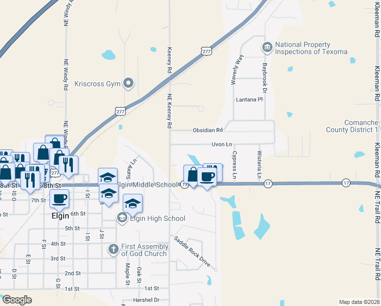 map of restaurants, bars, coffee shops, grocery stores, and more near 107 Uvon Lane in Elgin