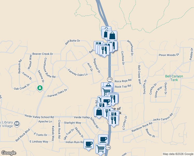 map of restaurants, bars, coffee shops, grocery stores, and more near 15 Manzanita Road in Sedona