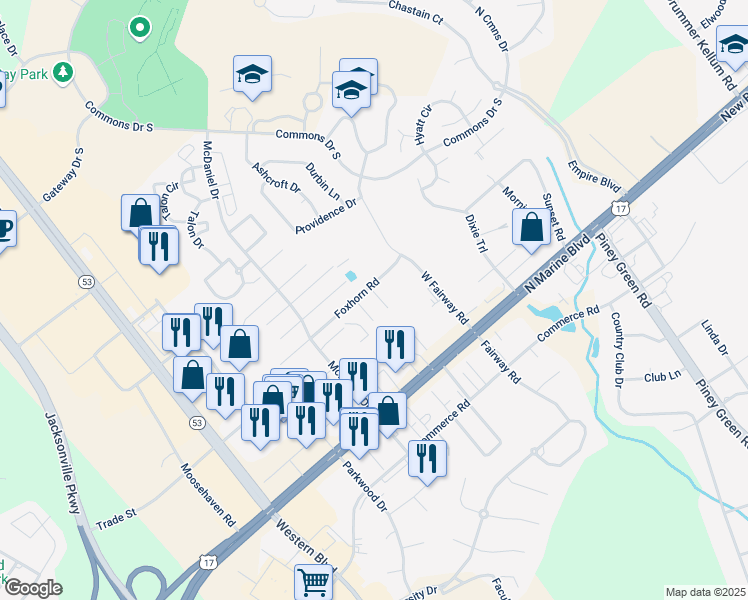 map of restaurants, bars, coffee shops, grocery stores, and more near 3106 Gaitway Court in Jacksonville